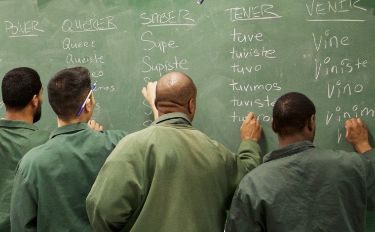 Bard Prison Initiative students conjugate Spanish verbs at Eastern New York Correctional Facility.