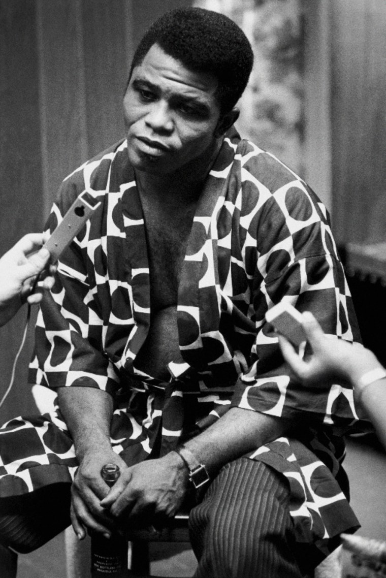 James Brown being interviewed after he performed at the Apollo in 1968.