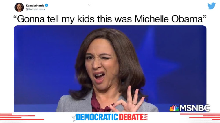 Kamala Harris (Maya Rudolph) goes for a viral moment in" Saturday Night Live's" parody of the fifth Democratic debate on November 23, 2019.
