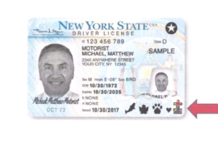 Mock-up of New York driver's license with autism symbol.