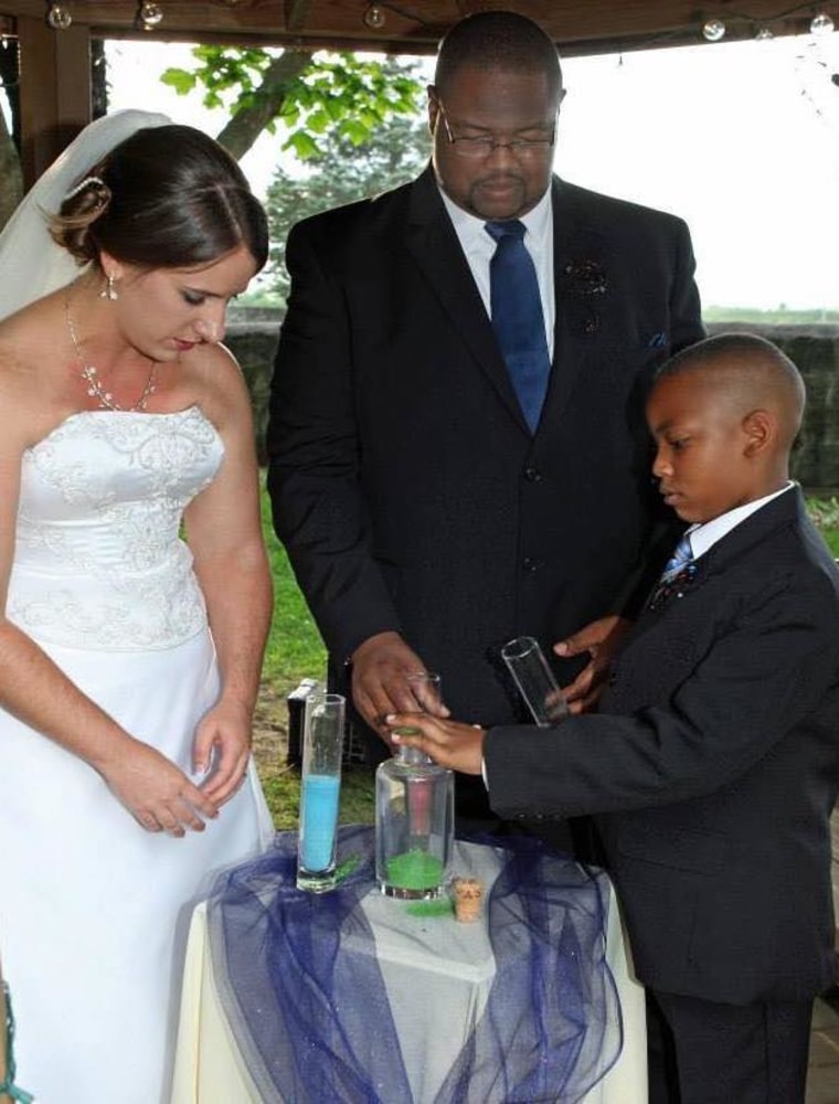 Kristy Ray and her husband, Anthony, wanted to include Anthony's then 8-year-old son, James, in their wedding ceremony, so the couple planned a sand ceremony to signify their joining together as one family.