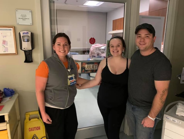 Nurse Jamie Huynh with Tyler Lovell and his wife, Kyra Lovell.