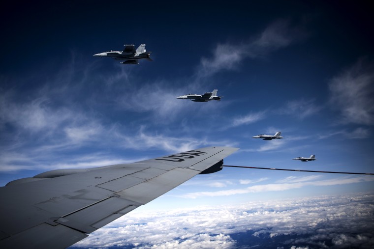 Image: A formation of EA-18G Growlers complete a refuel during Exercise Mobility Guardian in Washington on Sept. 24, 2019.