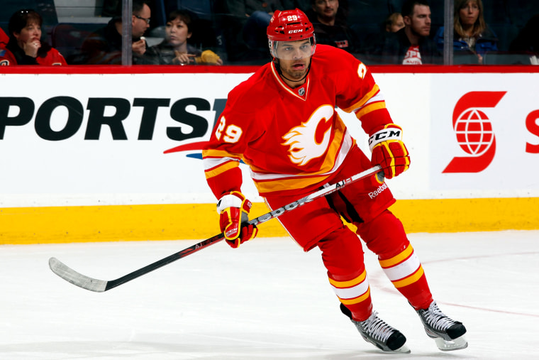 Image: Akim Aliu of the Calgary Flames during a game against the Anaheim Ducks on April 7, 2012.