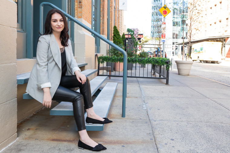 Anna Giacometti models a look for a senior-level employee at a creative office.