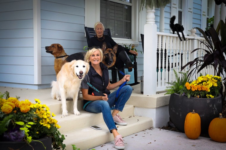 Mika Brzezinski with mother Emilie, along with dogs Scout, Daisy and Cajun. Cajun passed away last week at the age of 14.