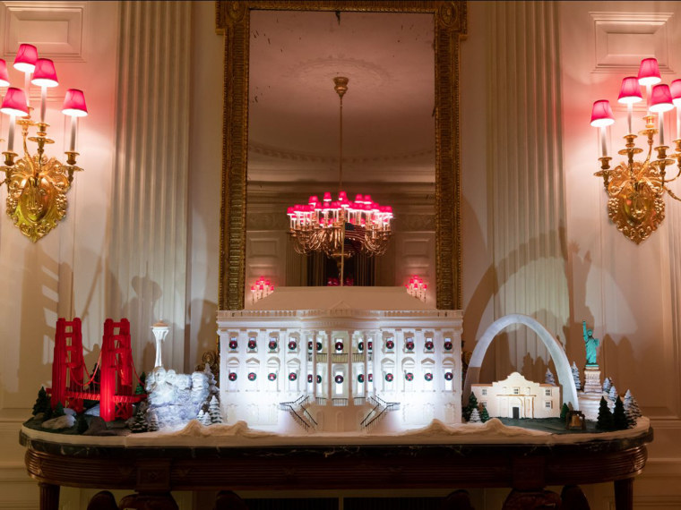 The State House dining room features gingerbread replicas of the White House, the Golden Gate Bridge, the Space Needle and other U.S. landmarks.
