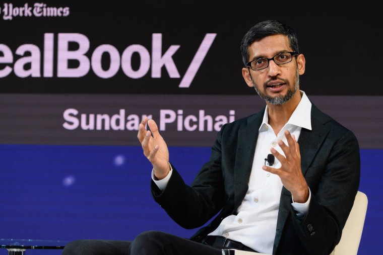 Sundar Pichai, the CEO of Google Inc., speaks at an event in New York on Nov. 1, 2018.