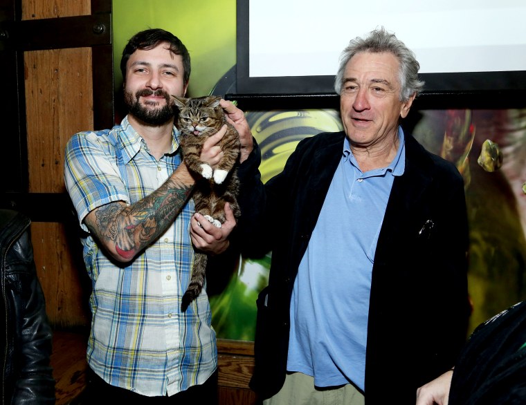 Image: Robert De Niro pets Lil Bub, held by Mike Bridavsky, at the Tribeca Film Festival in New York in 2013.