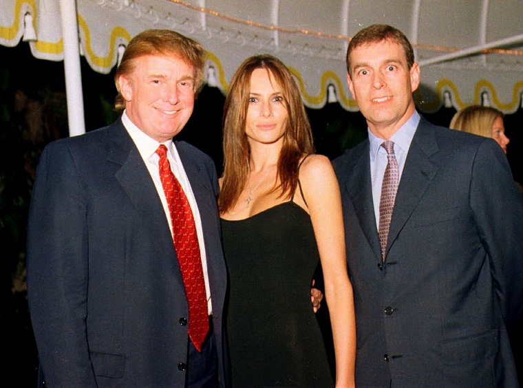 Image: Donald Trump, his girlfriend at the time, and now current wife, Melania, and Prince Andrew at Mar-a-Lago in Palm Beach, Florida, Feb. 12, 2000.