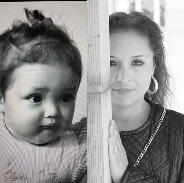 Mariela Sifonte, currently 31, holds a photo from when she was 11-months-old and adopted by a family in Belgium.