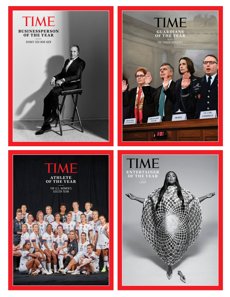 Clockwise: Disney CEO Bob Iger named Businessperson of the Year; “The Public Servants” named Guardians of the Year; Grammy nominee Lizzo named Entertainer of the Year; U.S. women’s soccer team named Athletes of the Year.