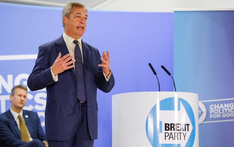 Image: Brexit Party leader Nigel Farage speaks during a visit to Buckley, Britain