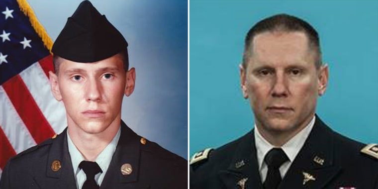 Stephen Snyder-Hill, 19, during basic training at Ft. Sill Oklahoma in 1989 and his official DA army photo in 2017.