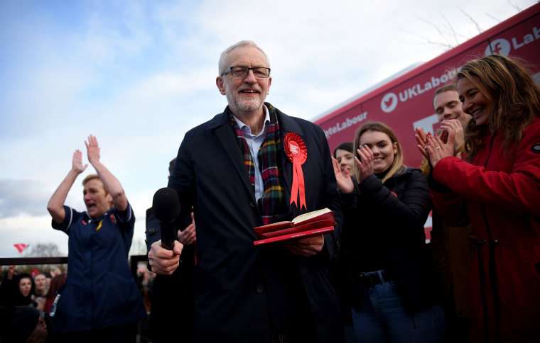 Image: Labour Party leader Jeremy Corbyn acknowledges applause during a campaign event in Stainton Village on Dec. 11, 2019.