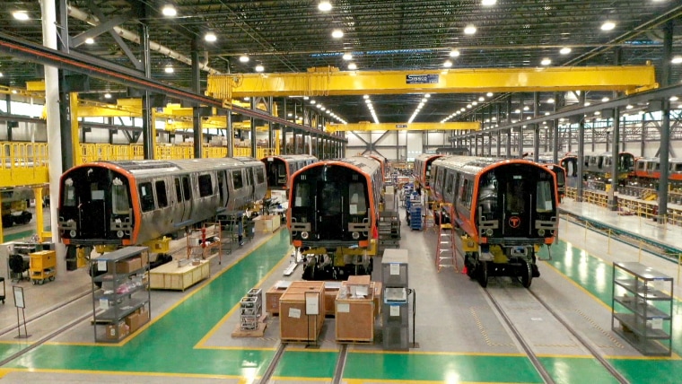 Trains being made at the CRRC MA facility in Springfield, Mass.