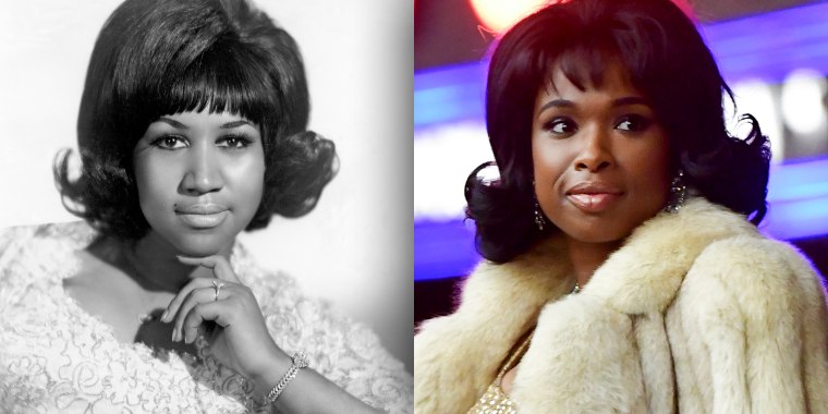 Soul singer Aretha Franklin poses for a portrait circa 1963. And Jennifer Hudson is seen filming on location for "Respect" at Rockefeller Center on November 8, 2019, in New York City.
