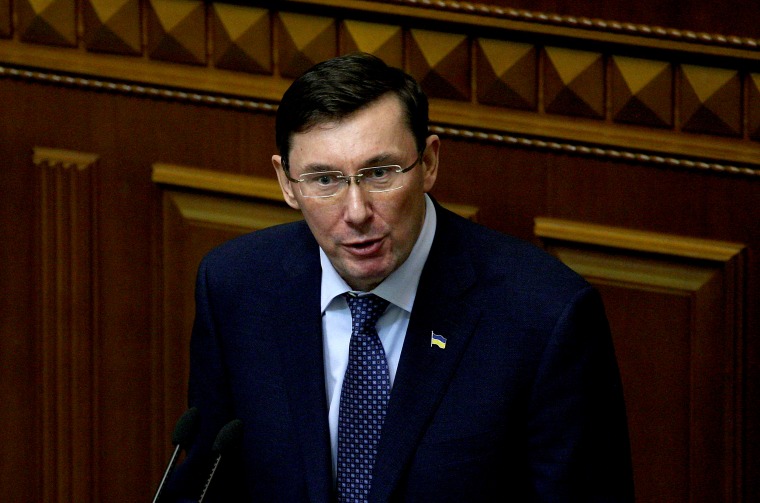 Image: Prosecutor General of Ukraine Yuriy Lutsenko speaks at a trial in Kiev in 2017.