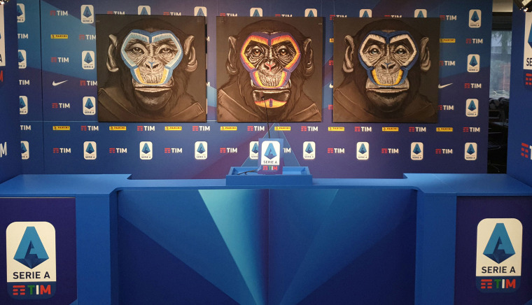 Image: An anti-racism campaign artwork by Italian artist Simone Fugazzotto featuring three side-by-side paintings of apes is presented by Italian soccer league Serie A during a news conference in Milan, Italy