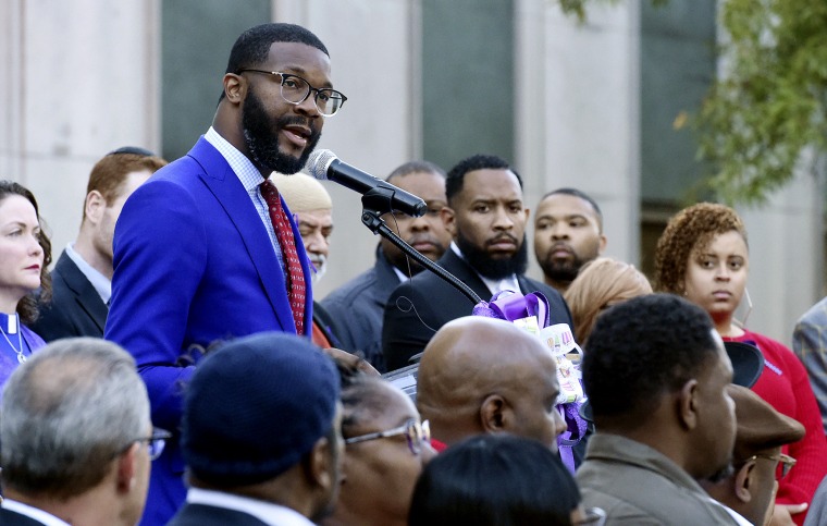 Image: Birmingham Mayor Randall Woodfin speaks at a vigil in Alabama on Oct. 23, 2019.