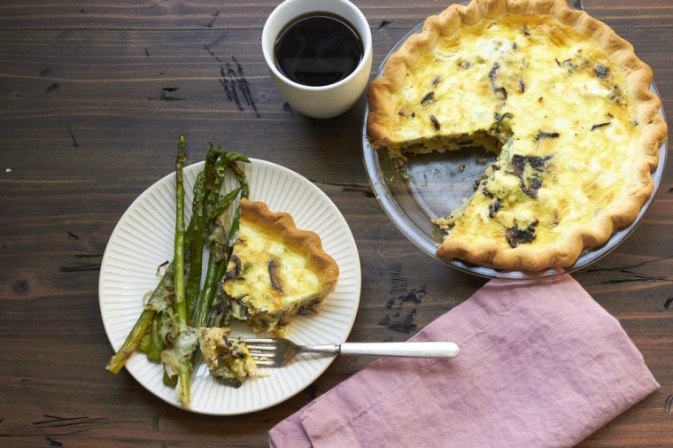Frittatas and quiches, such as this vegetarian quiche filled with goat cheese, mushrooms and leeks suspended in a creamy but fluffy egg-based filling, can be left in the fridge.