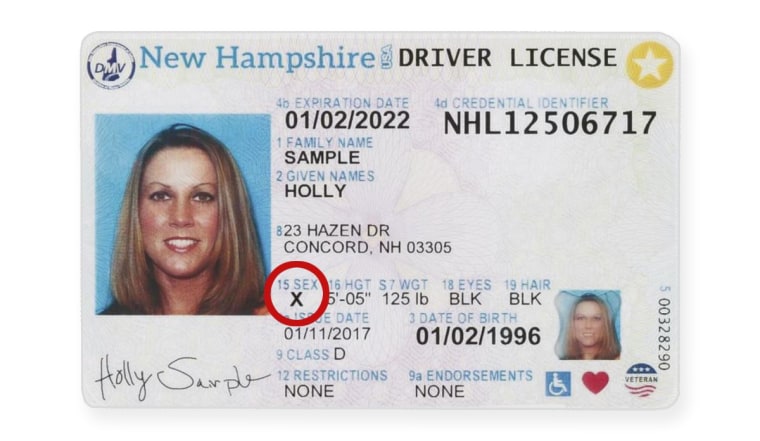 A driver's license from New Hampshire with X for gender.