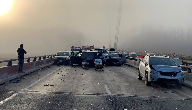 Image: Damaged vehicles are seen on I-64 in Virginia after a pile-up that injured at least 51 people on Dec. 22, 2019.