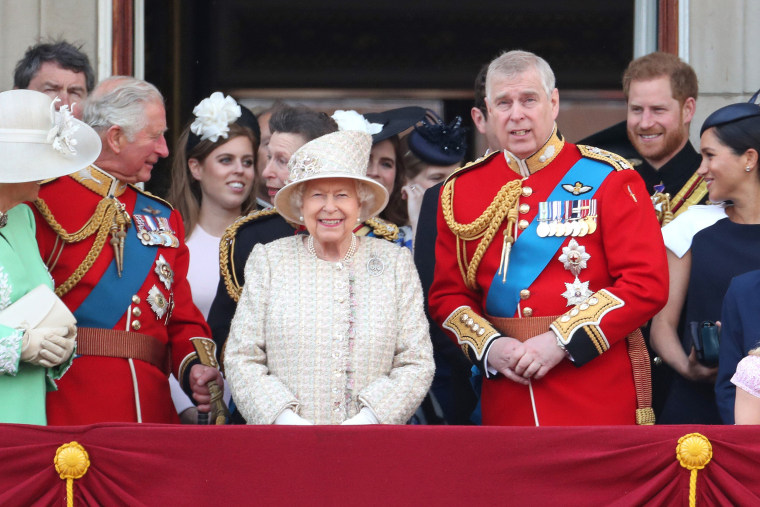 Image: Prince Charles, Prince of Wales, Princess Beatrice, Princess Anne, Princess Royal, Queen Elizabeth II, Prince Andrew, Duke of York, Prince Harry, Duke of Sussex and Meghan, Duchess of Sussex during Trooping The Colour, the Queen's annual birthday p