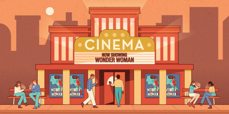 Illustration of people outside movie theatre watching movies on their phones as Wonder Woman sells out the theatre.