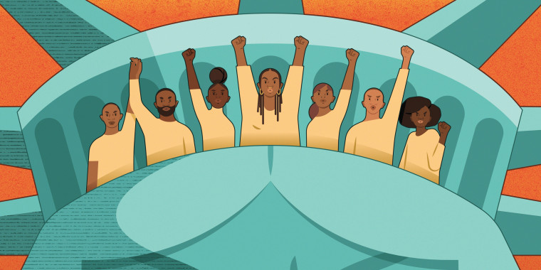 Illustration of Black Lives Matters activists raising fists inside the crown of the Statue of the Liberty.
