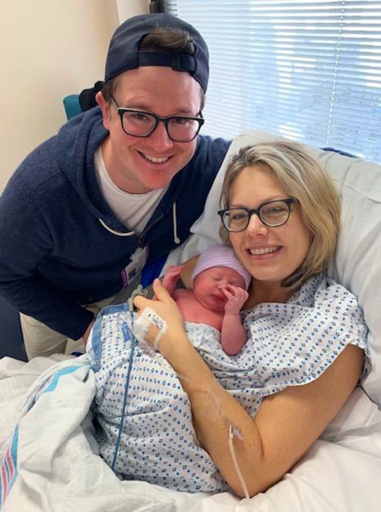 Dylan Dreyer and her husband, Brian Fichera, with new baby Oliver George