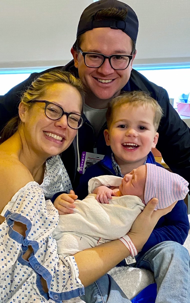 Dylan Dreyer and her husband, Brian Fichera, with new baby Oliver George and firstborn Calvin