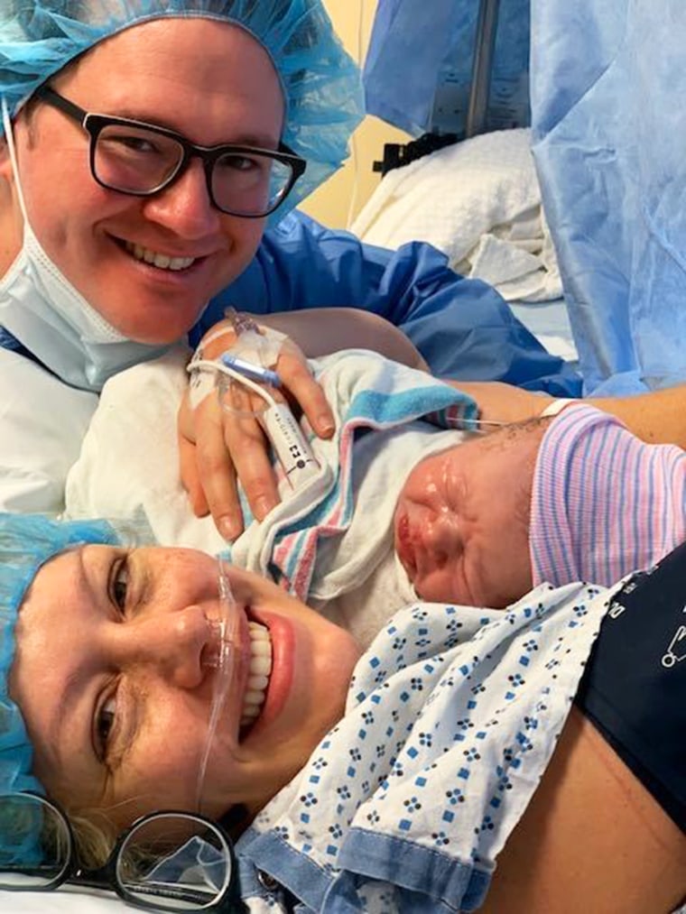 Dylan Dreyer and her husband, Brian Fichera, with new baby Oliver George