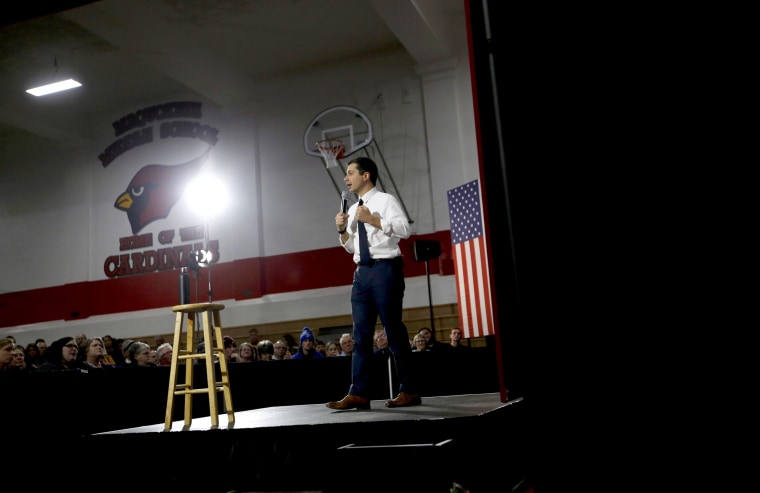 Image: Democratic presidential candidate Pete Buttigieg speaks at a campaign stop at a middle school in Maquoketa, Iowa, on Dec. 30, 2019.