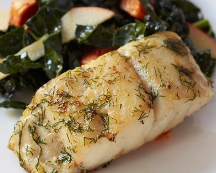 Herbed striped bass with winter kale salad