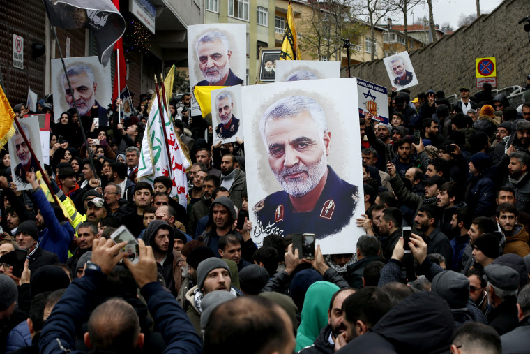 Image: Protesters gather at a demonstration against the killing of Iranian General Qassem Soleimani near the U.S. consulate in Istanbul on Jan. 5, 2020.