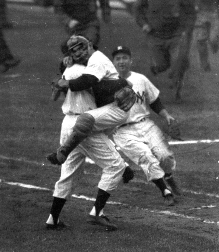 Image: Yogi Berra and Don Larsen in 1956 World Series
