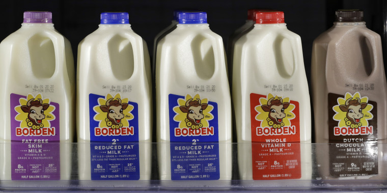 Borden milk rests on a shelf in a cooler Monday, Jan. 6, 2020, in Richmond Heights, Ohio. Borden Dairy Co. filed for bankruptcy protection, the second major U.S. dairy to do so in as many months. Borden produces nearly 500 million gallons of milk each year for groceries, schools and others.