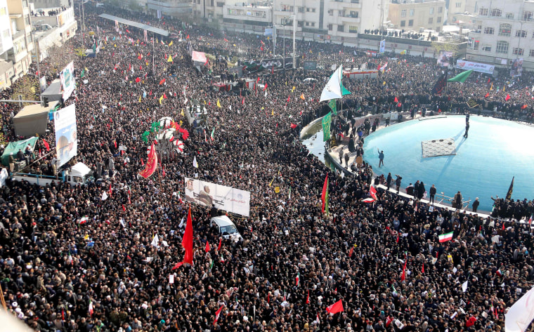 Image: Mourners gather to pay homage to slain Iranian military commander Qassem Soleimani, Iraqi paramilitary chief Abu Mahdi al-Muhandis and other victims of a U.S. attack, in the capital Tehran