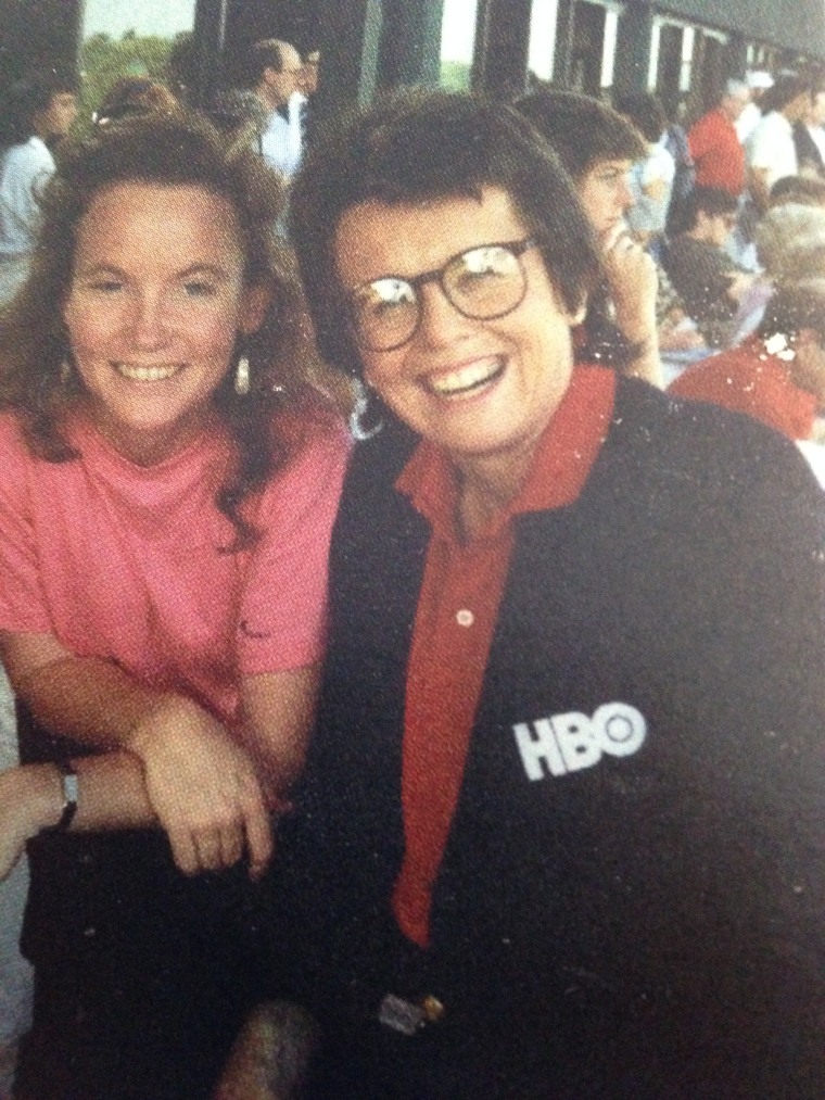 Joan Ryan and Billie Jean King at Wimbledon in 1986.