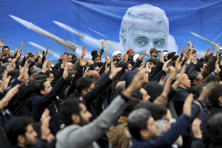 Protesters demonstrate over the U.S. airstrike in Iraq that killed Iranian Revolutionary Guard Gen. Qassem Soleimani in Tehran, Iran, on Jan. 4, 2020. Iran vowed \"harsh retaliation\" for the U.S. airstrike near Baghdad's airport that killed Tehran's top general and the architect of its interventions across the Middle East, as tensions soared in the wake of the targeted killing.