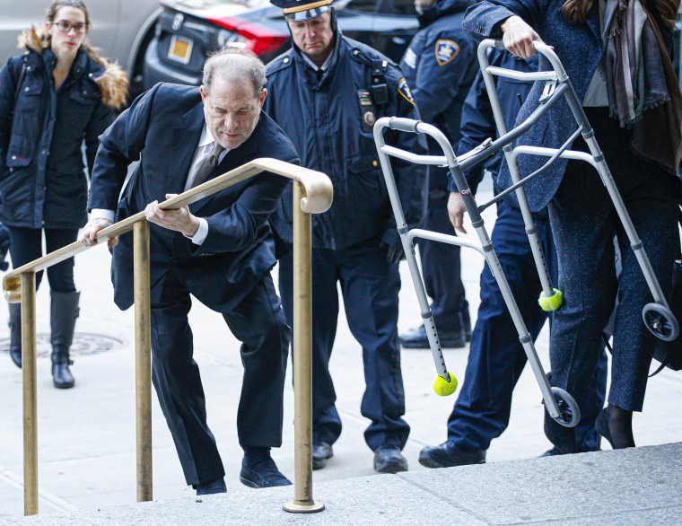 Harvey Weinstein climbs the courthouse steps in New York City on Jan. 8, 2020. Weinstein pleaded not-guilty on five counts of rape and sexual assault against two unnamed women and faces a possible life sentence in prison.