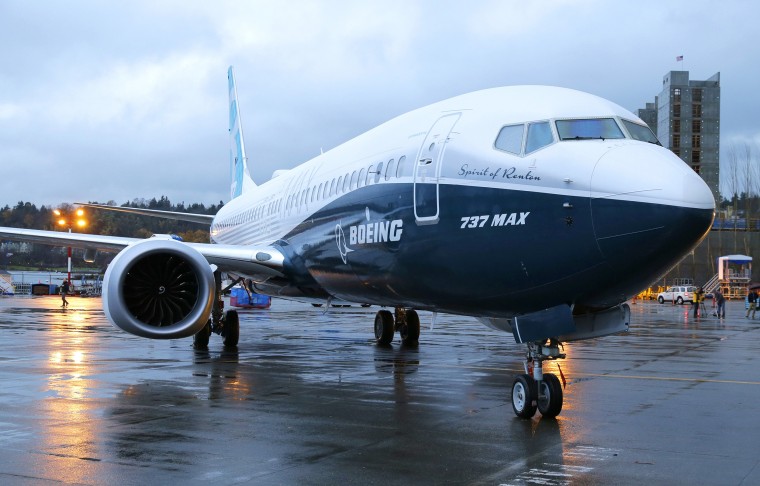 Image: The first Boeing 737 MAX airplane to roll off Boeing's assembly line in Renton, Wash. is shown parked Tuesday, Dec. 8, 2015 before an employee-only rollout event.