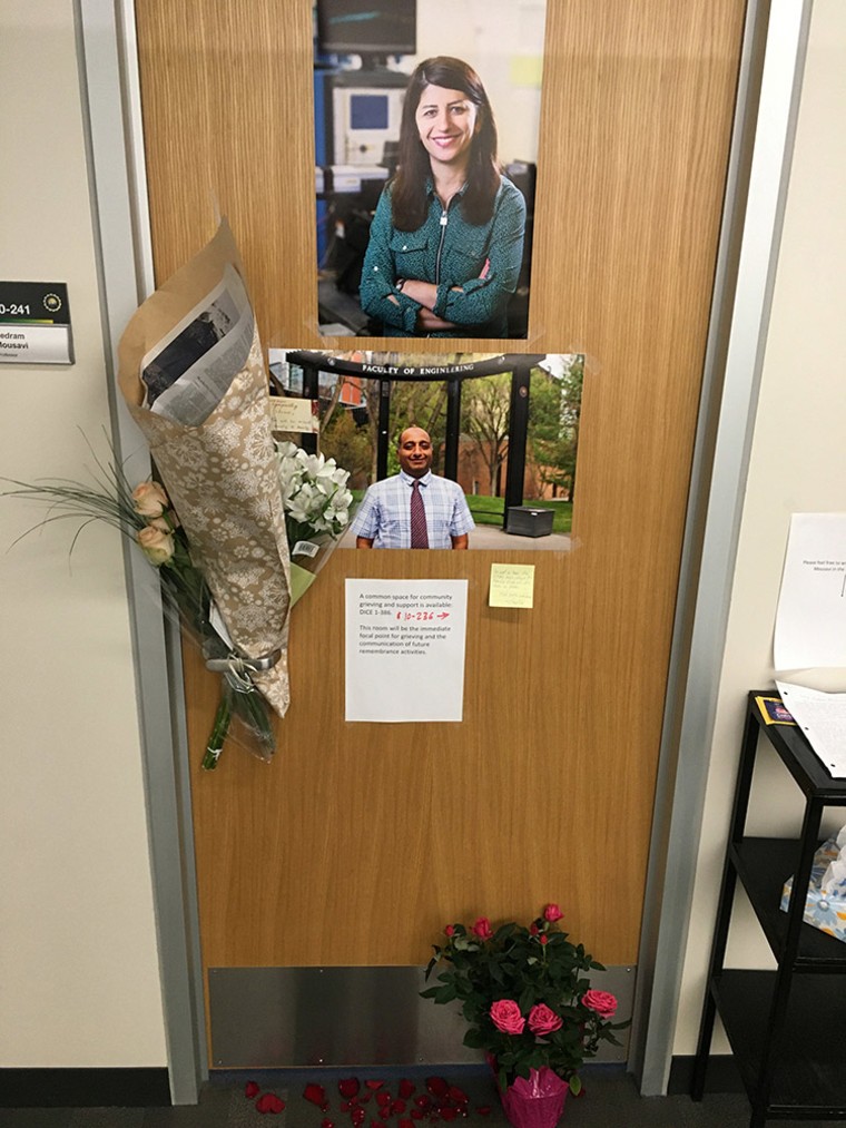 Image: A memorial for University of Alberta professors Mojgan Daneshmand and Pedram Mousavi, who were married and were killed in the Ukrainian airline crash in Iran, is seen outside Mousavi's office in Edmonton, Alberta, Canada