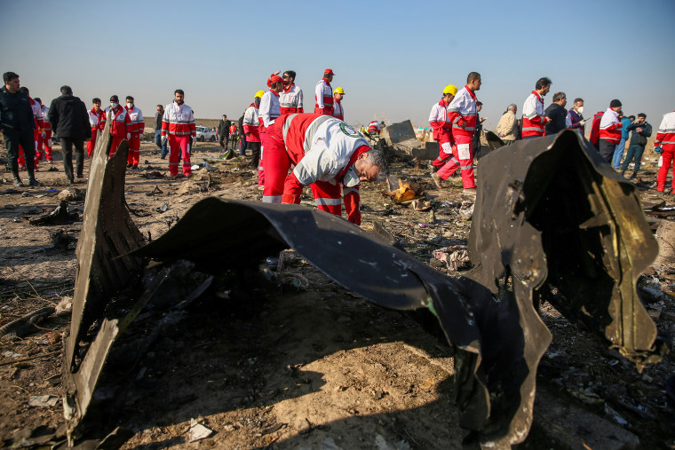 Image: Red Crescent workers check the debris from the Ukraine International Airlines plane, that crashed after take-off from Iran's Imam Khomeini airport, on the outskirts of Tehran