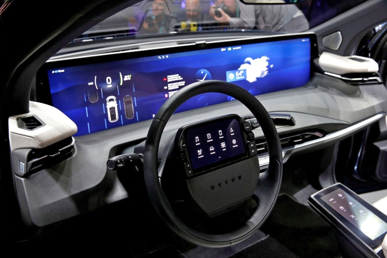 Image: FILE PHOTO: An interior view of the Byton M-Byte all-electric SUV, expected to enter mass production this year, is shown at a news conference during the 2020 CES in Las Vegas