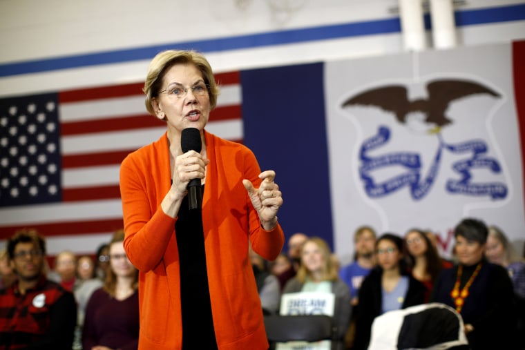 Image: Sen. Elizabeth Warren, D-Mass., speaks at a campaign event in Iowa on Jan. 12, 2020.