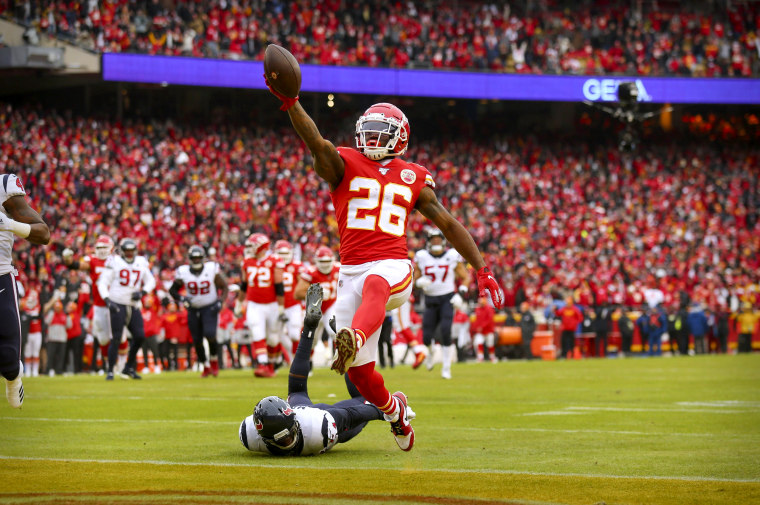Image: Kansas City Chiefs running back Damien Williams celebrates after scoring a touchdown against the Houston Texas on Jan. 12, 2020.