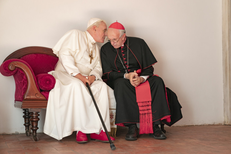 "Two Popes" earned nominations for lead actor Jonathan Pryce (r.) and supporting actor Anthony Hopkins.