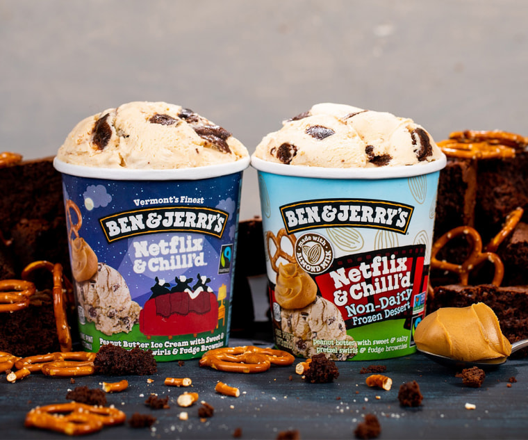 Netflix &amp; Chill'd ice cream features a peanut butter ice cream base with salty swirls of pretzels and fudge brownie bites. 